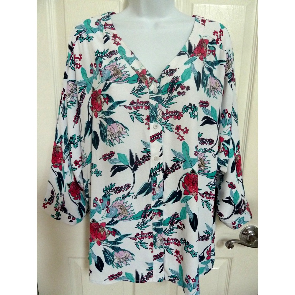 CHICO'S Sz 2=12/14, Large Dolman Sleeve Button Up Colorful Blouse Career Office